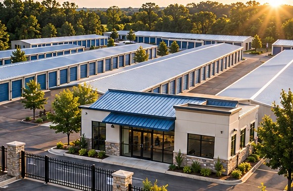 Aerial view of a self-storage facility with an office building at sunset