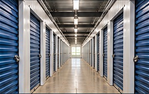 Climate-controlled storage corridor with blue doors